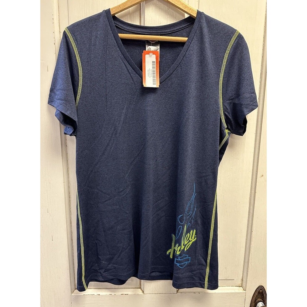 NWT Harley Davidson T-shirt Women’s XL Navy V-Neck Tee Lime Green Logo Indiana